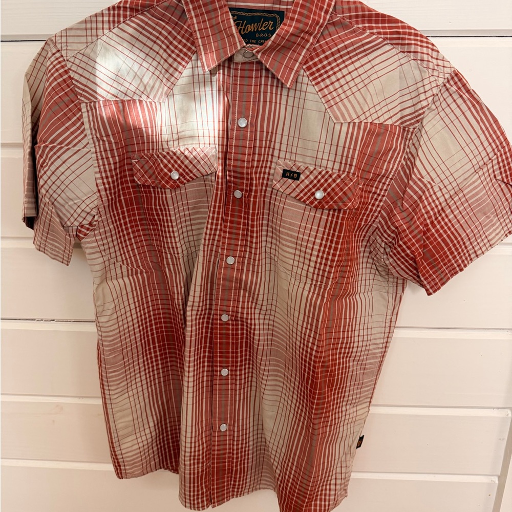 Howler Brothers Red and White Plaid Pearl Snap Button Down Shirt